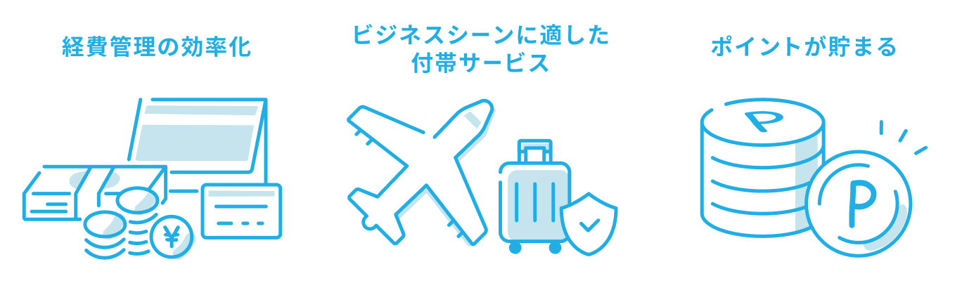 経費管理の効率化、ビジネスシーンに適した付帯サービス、ポイントが貯まるという法人・ビジネスカードのメリット説明のイラスト