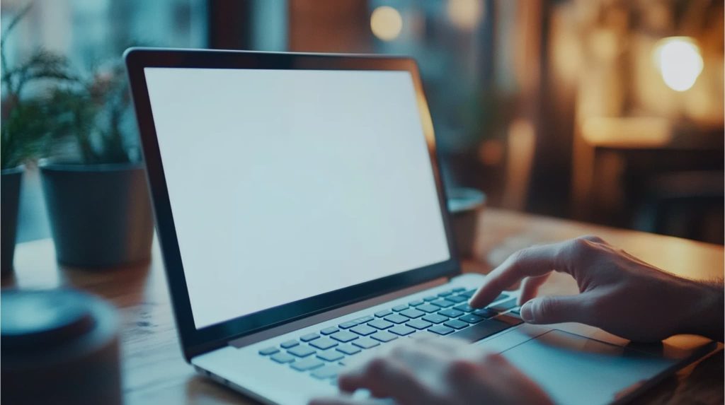 ノートパソコンでWebサイトにアクセスし請求書買取サービスの利用申し込みや現金化の流れについて調べている手元