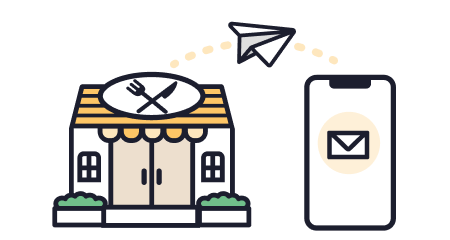イラスト：お店からお客様へメッセージを送信しているイメージ