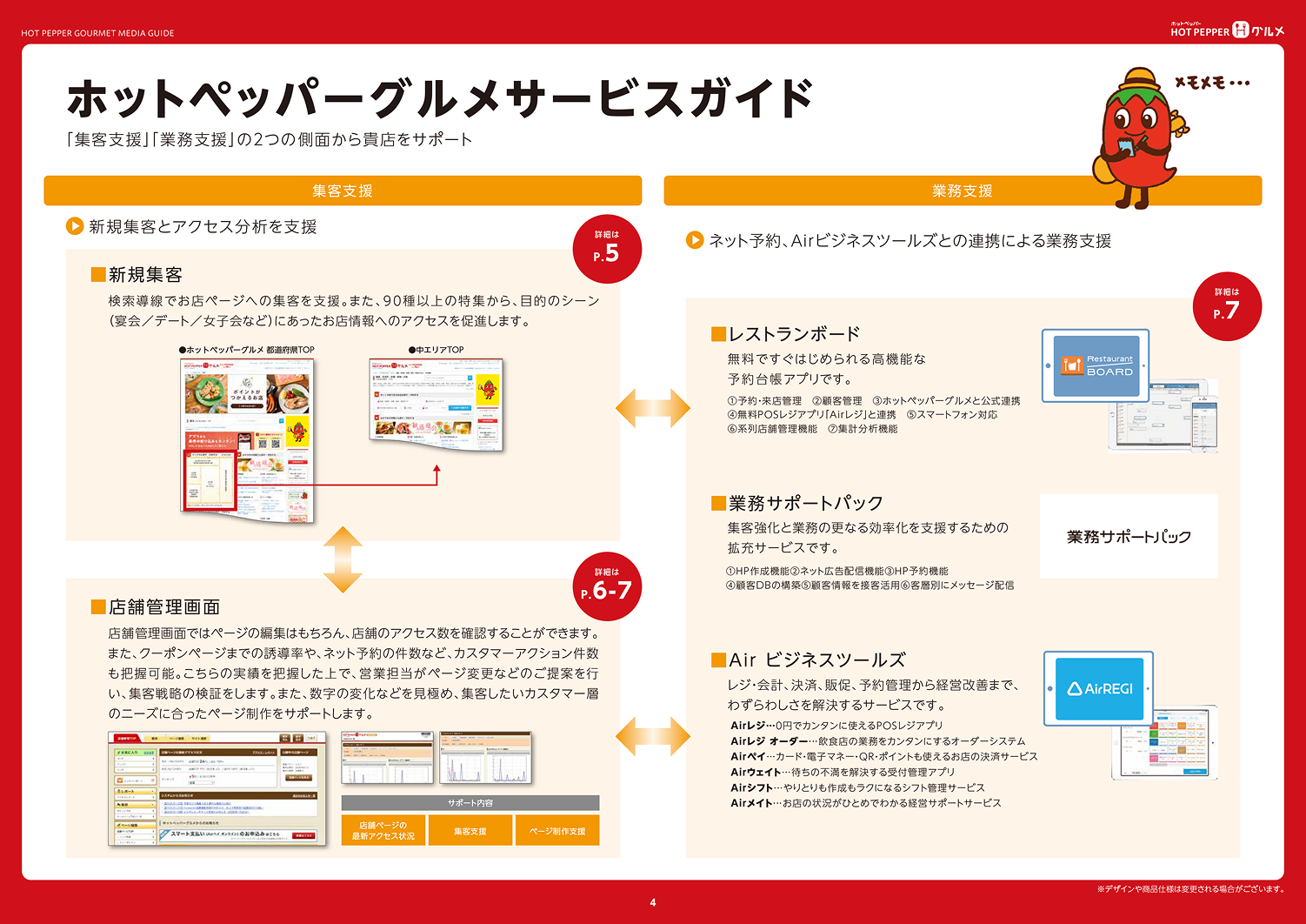 ホットペッパーグルメ サービスガイド ホットペッパーグルメが集客支援、業務支援の2つの側面から貴店をサポートすることを示した資料