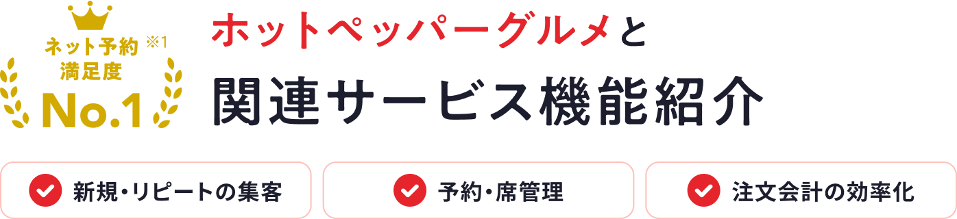 ネット予約満足度No.1 ※1 ホットペッパーグルメと関連サービス機能紹介 新規・リピートの集客 予約・席管理 注文会計の効率化