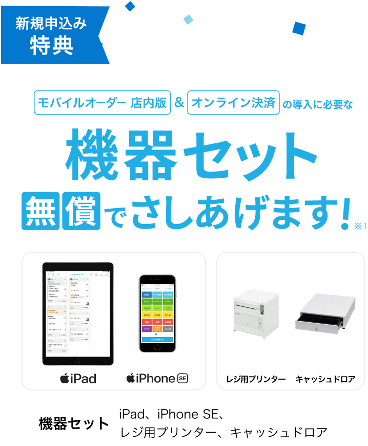 新規申込み特典 モバイルオーダー店内版&オンライン決済の導入に必要な機器セット無償でさしあげます！※1 機器セット iPad,iPhone,レジ用プリンター,キャッシュドロア 写真：iPad,iPhoneSE,レジ用プリンター,キャッシュドロア