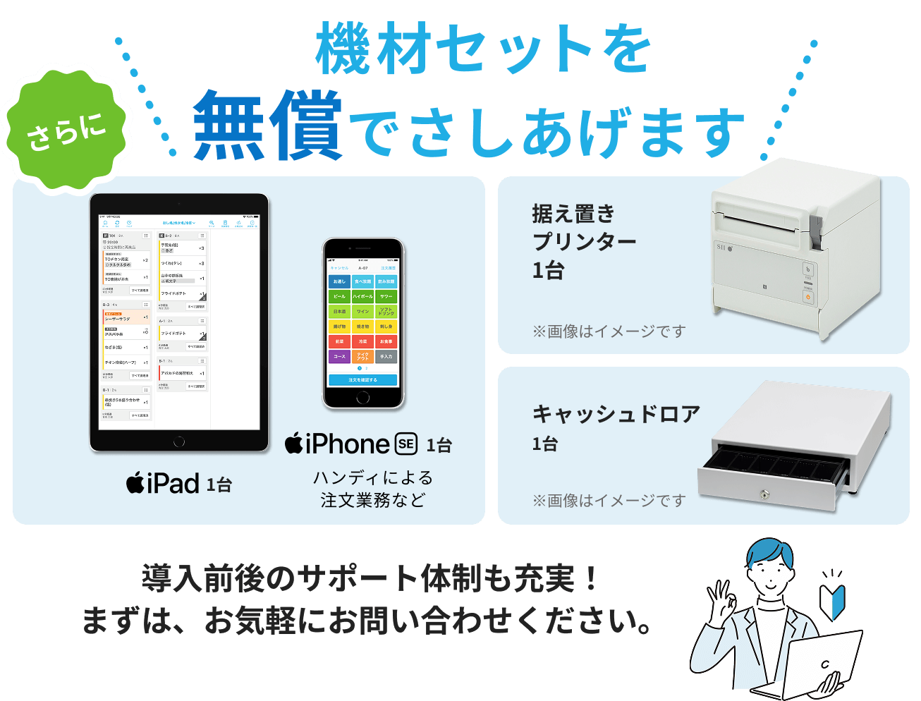 さらに機材セットを無償でさしあげますiPad,1台 IPhoneSE,1台 ハンディによるハンディによる注文業務など 据え置きプリンター,1台 キャッシュドロア,1台 導入前後のサポート体制も充実！まずは、お気軽にお問い合わせください。