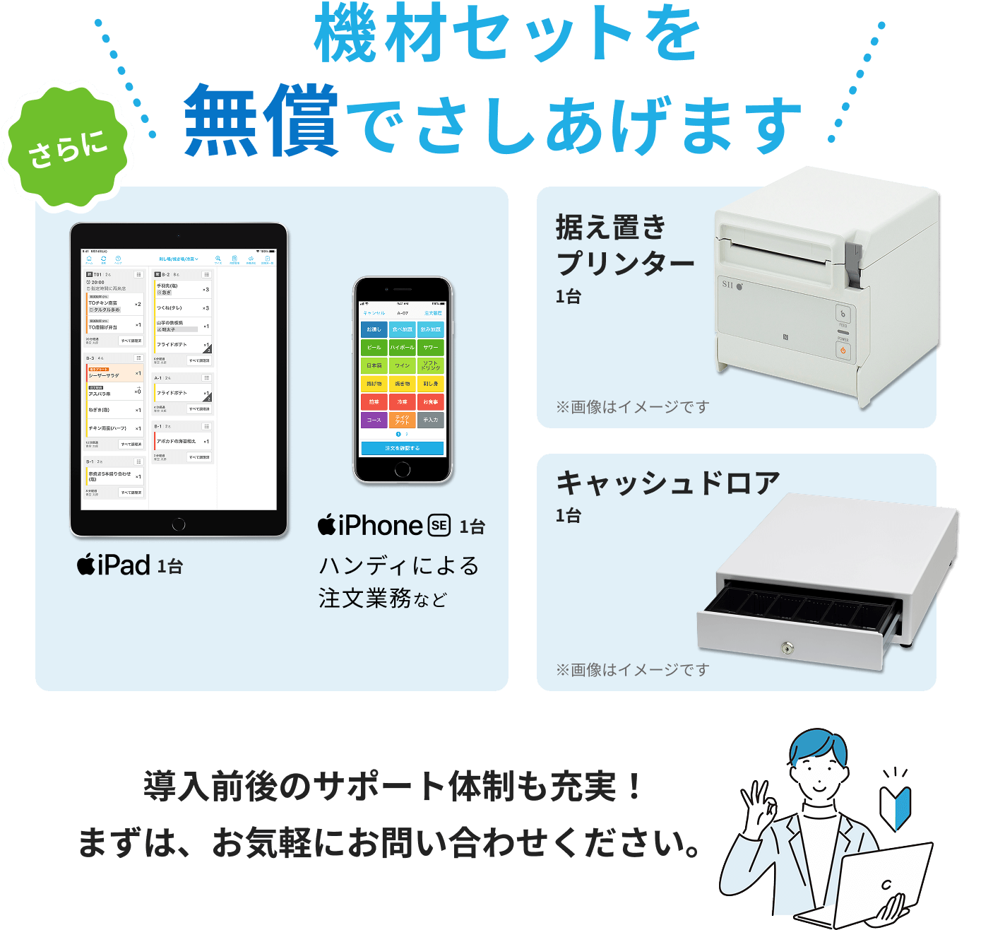 さらに機材セットを無償でさしあげますiPad,1台 IPhoneSE,1台 ハンディによるハンディによる注文業務など 据え置きプリンター,1台 キャッシュドロア,1台 導入前後のサポート体制も充実！まずは、お気軽にお問い合わせください。