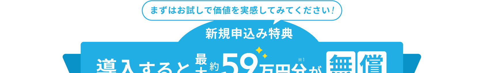 まずはお試しで価値を実感してみてください! 新規申込み特典　導入すると最大約59万円分が無償　※1