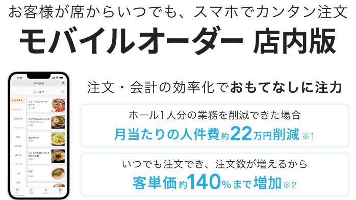 お客様が席からいつでも、スマホでカンタン注文「モバイルオーダー 店内版」注文・会計の効率化でおもてなしに注力。ホール1人分の業務を削減できた場合 月当たりの人件費約22万円削減※1いつでも注文でき、注文数が増えるから客単価約140%まで増加※2　