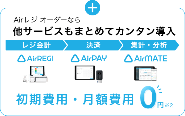 Airレジ オーダーなら他サービスもまとめてカンタン導入。1.レジ会計：「Airレジ」、2.決済：「Airペイ」、3.集計・分析：「Airメイト」。初期費用・月額費用0円※2