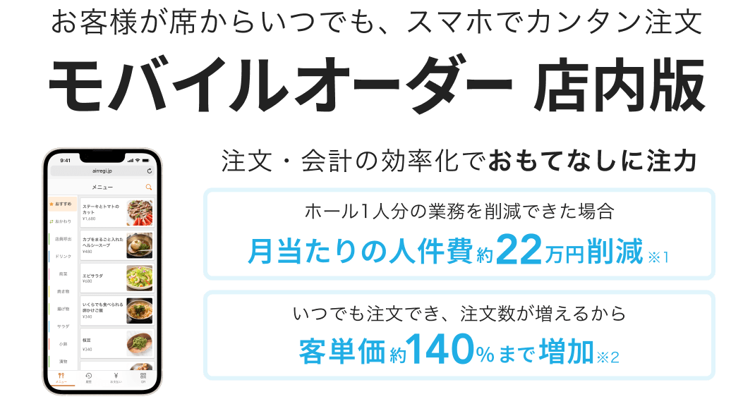 お客様が席からいつでも、スマホでカンタン注文「モバイルオーダー 店内版」注文・会計の効率化でおもてなしに注力。ホール1人分の業務を削減できた場合 月当たりの人件費約22万円削減※1いつでも注文でき、注文数が増えるから客単価約140%まで増加※2