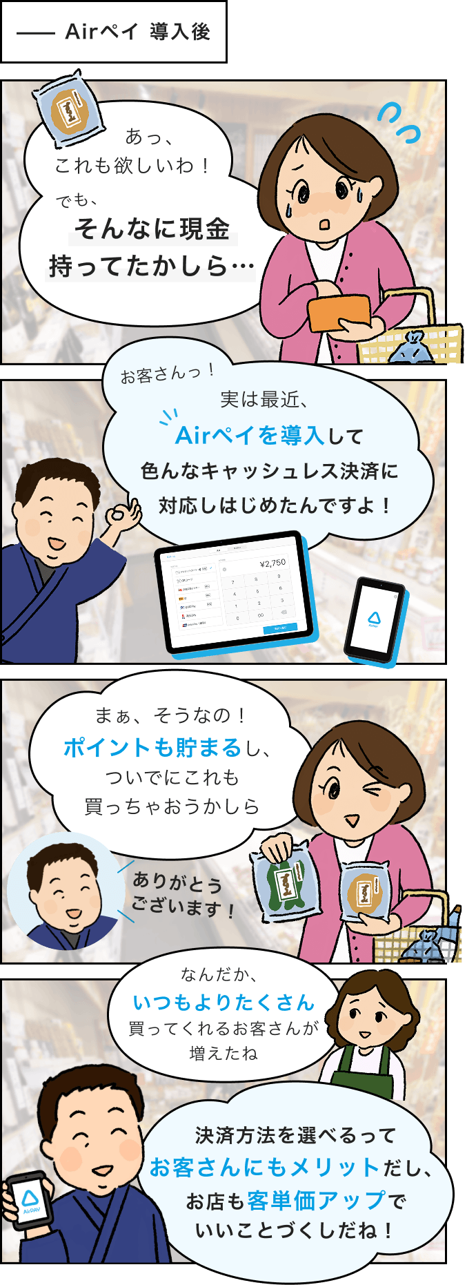 Airペイ 導入後… お客さん「あっ、これも欲しいわ！でも、そんなに現金持ってたかしら…」オーナー「お客さんっ！実は最近、Airペイを導入して色んなキャッシュレス決済に対応しはじめたんですよ！」お客さん「まぁ、そうなの！ポイントも貯まるし、ついでにこれも買っちゃおうかしら」スタッフ「なんだか、いつもよりたくさん買ってくれるお客さんが増えたね」オーナー「決済方法を選べるってお客さんにもメリットだし、お店も客単価アップでいいことづくしだね！」