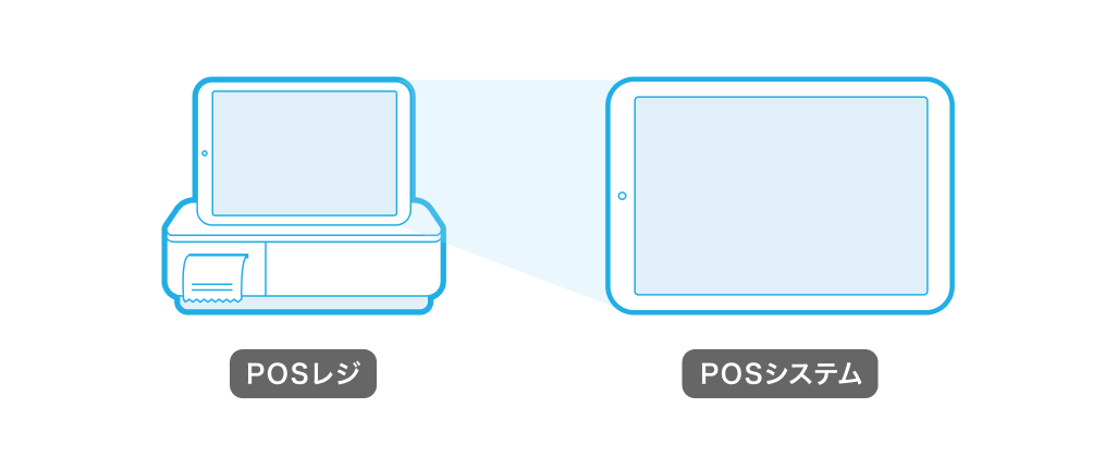 POSレジ(タブレットとキャッシュドロア)とPOSシステム(タブレット単体)のイラスト