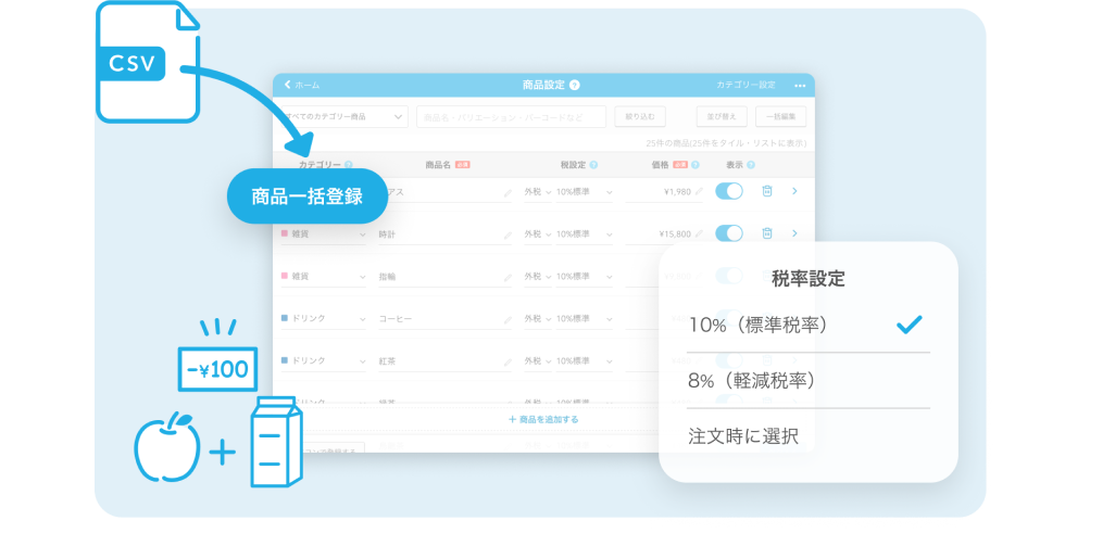 商品の登録画面。左上にはCSVファイルを使用して商品一括登録が可能なことを示すアイコンが描かれている。右側には税率設定のオプションがあり、「10%(標準税率)」「8%(軽減税率)」「注文時に選択」が選択可能であることが示されている。左下には価格の例としてリンゴと牛乳が合わせて100円引きのアイコンが描かれている。