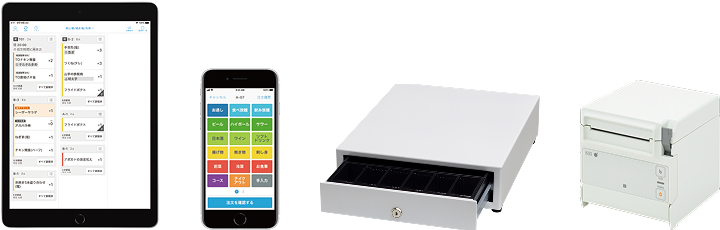 写真：iPad、iPhoneSE、キャッシュドロア、レジ用プリンター