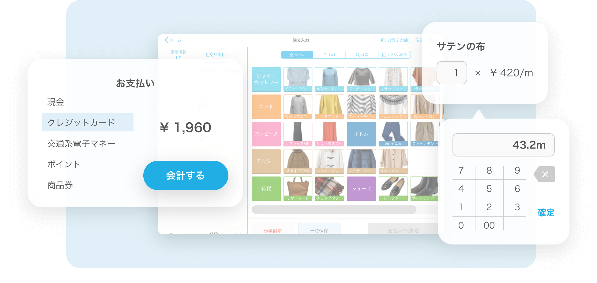注文入力画面。左側には支払い方法の選択肢があり、現金、クレジットカード、交通系電子マネー、ポイント、商品券が表示されている。合計金額は1,960円で「会計する」ボタンがある。右側には、サテンの布が1メートル420円で表示されており、数量を入力する欄には43.2メートルが入力されている。