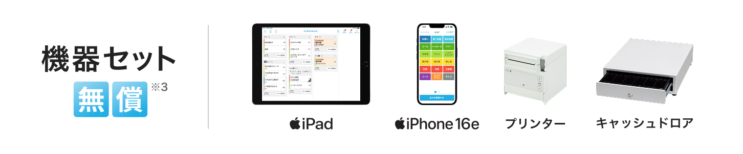 機器セット無償 写真：iPad、iPhone 16e、レジ用プリンター、キャッシュドロア