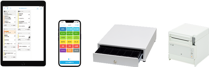 写真：iPad、iPhone 16e、キャッシュドロア、プリンター