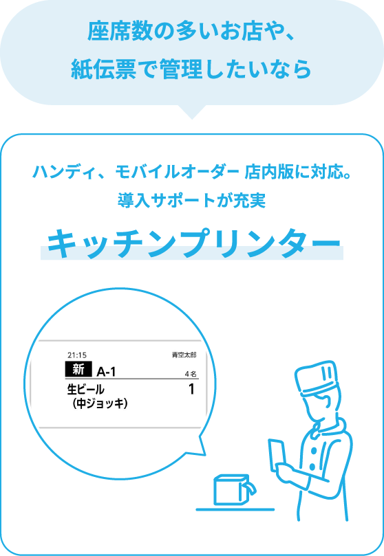 座席数の多いお店や、紙伝票で管理したいなら - ハンディ、モバイルオーダー 店内版に対応。導入サポートが充実「キッチンプリンター」