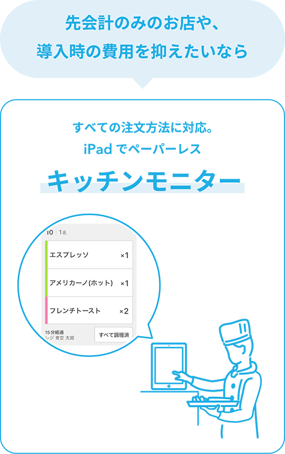 先会計のみのお店や、導入時の費用を抑えたいなら - すべての注文方法に対応。iPadでペーパーレス「キッチンモニター」