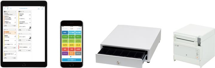 写真:iPad、iPhoneSE、キャッシュドロア、レジ用プリンター