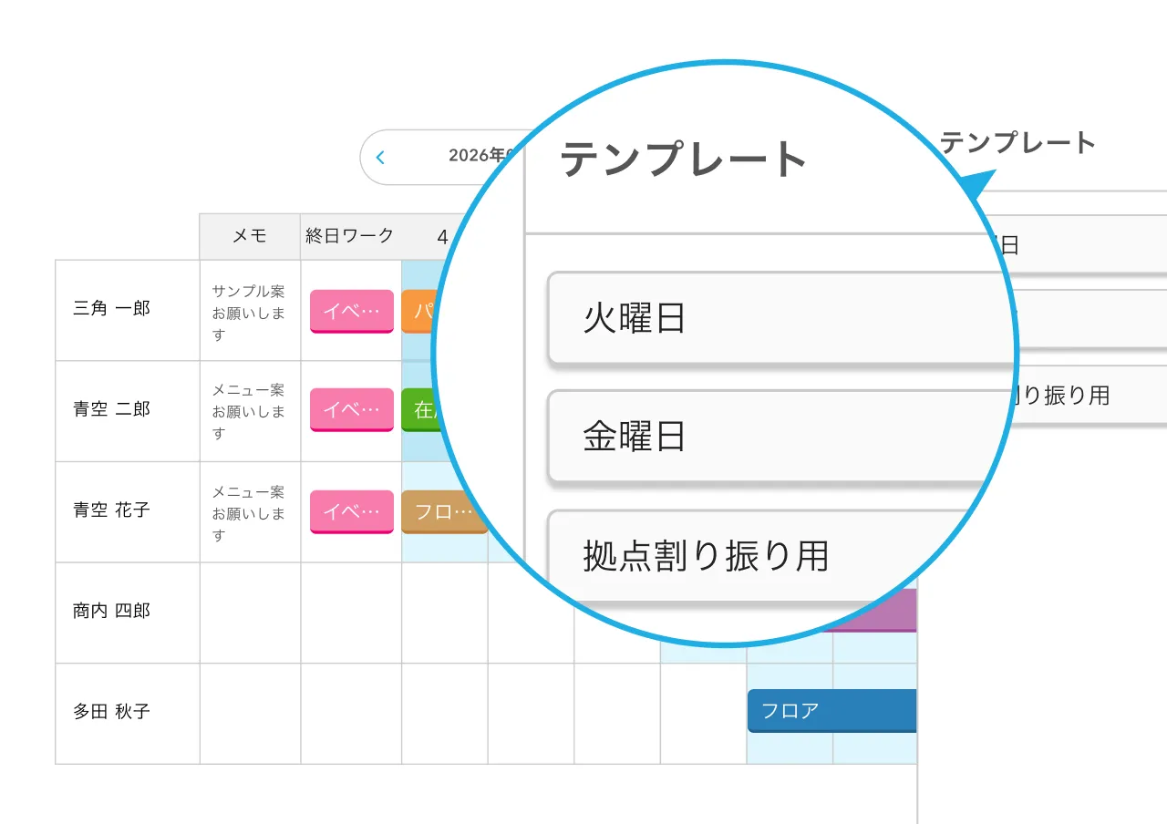 テンプレートとして保存した業務割り当てを確認する画面