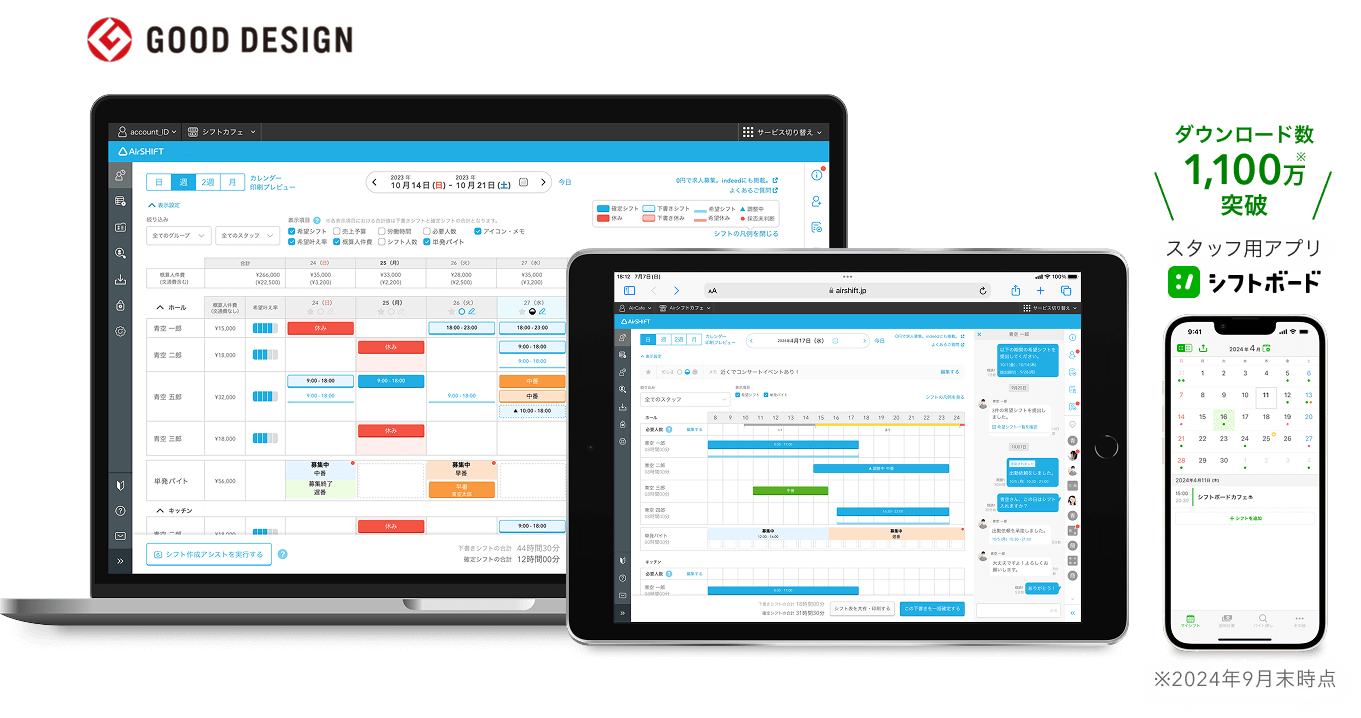 イメージ：Airシフトを表示したPCとタブレット。スタッフ用アプリ「シフトボード」を表示したスマホ。シフトボードはダウンロード数1,100万（※1）突破、Airシフトは約400万（※2）店舗導入のAir ビジネスツールズです。
