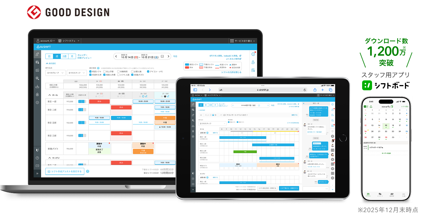 Airシフトを表示したPCとタブレット。スタッフ用シフト管理アプリ『シフトボード』を表示したスマートフォン。Airシフトはグッドデザイン賞受賞。『シフトボード』はダウンロード数1,200万突破。※2025年12月末時点。