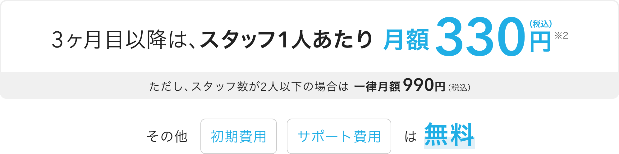 3ヶ月目以降は、スタッフ1人あたり月額330円（税込）（※2）ただし、スタッフ数が2人以下の場合は 一律月額990円（税込）その他「初期費用」「サポート費用」は無料