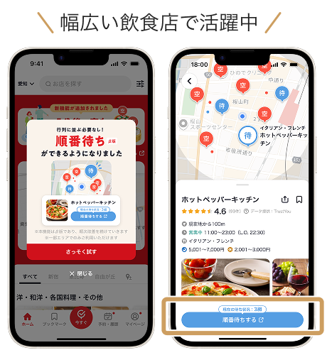 『幅広い飲食店で活躍中』という見出しとともに、アプリに新しく追加された『順番待ち』機能のポップアップ案内と、実際のマップ検索の店舗ページでの順番待ちボタンの配置を示す2台のスマートフォン画面