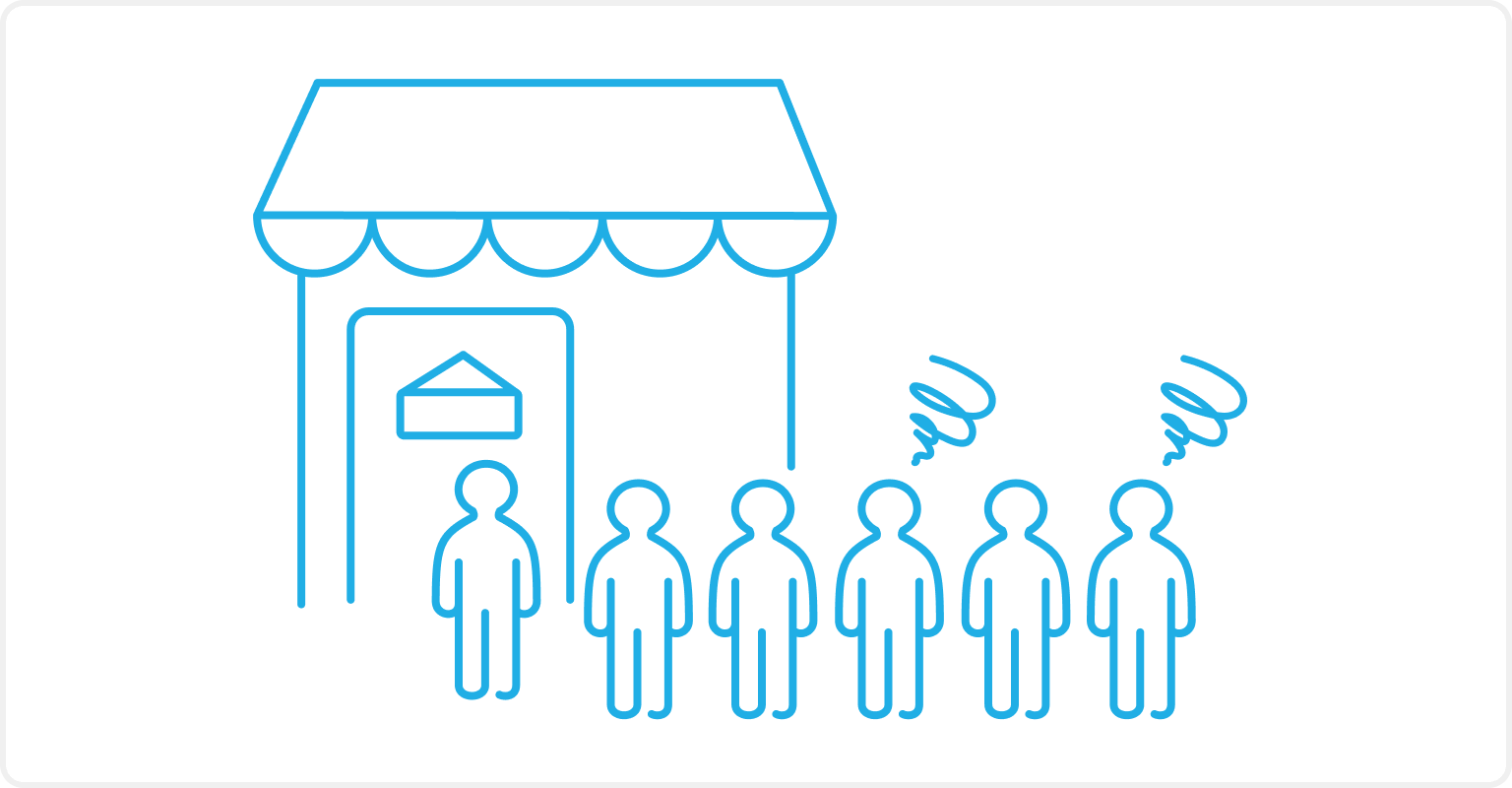 イラスト:行列に並んでいるお客様の不満が募っている様子。