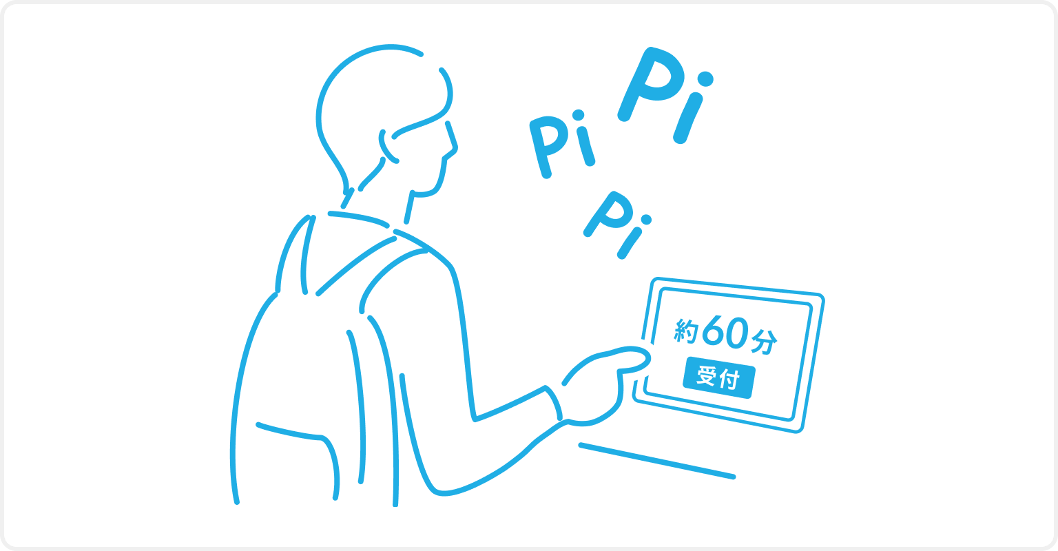 イラスト：受付用の機器を操作しているお客様の様子。ディスプレイには待ち時間が表示されている。