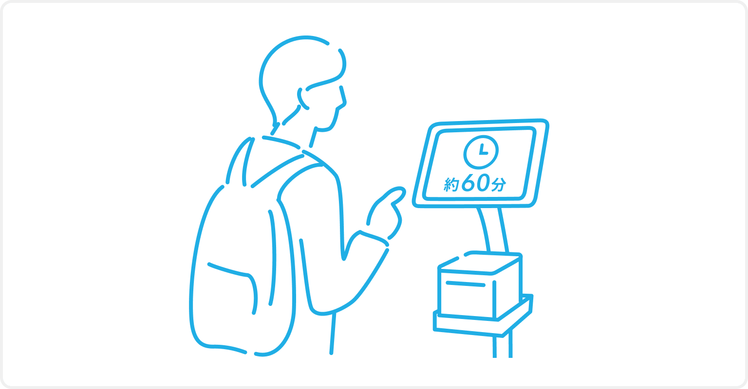 イラスト：受付用の機器に待ち時間が表示されている様子。
