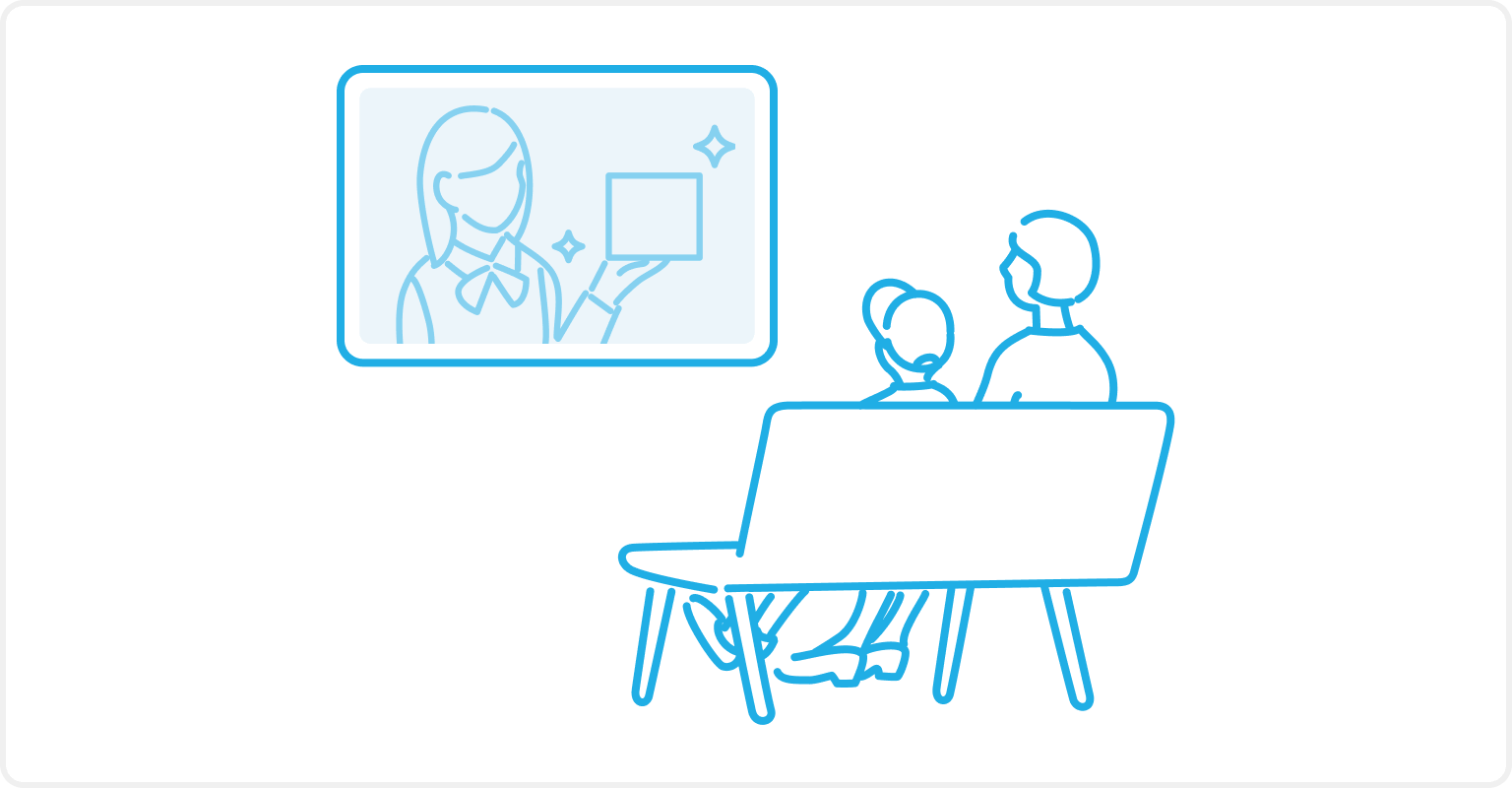 イラスト：テレビ鑑賞をして待ち時間を過ごしている親子の様子。