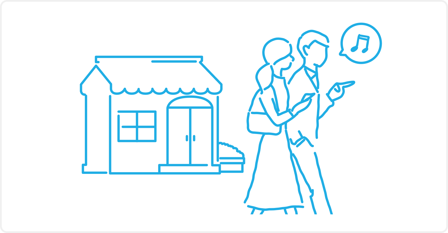 イラスト：お店を離れて待ち時間を過ごしているカップルの様子。