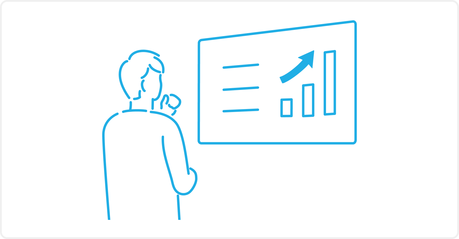 イラスト：右肩上がりのグラフを眺めているスタッフの様子。