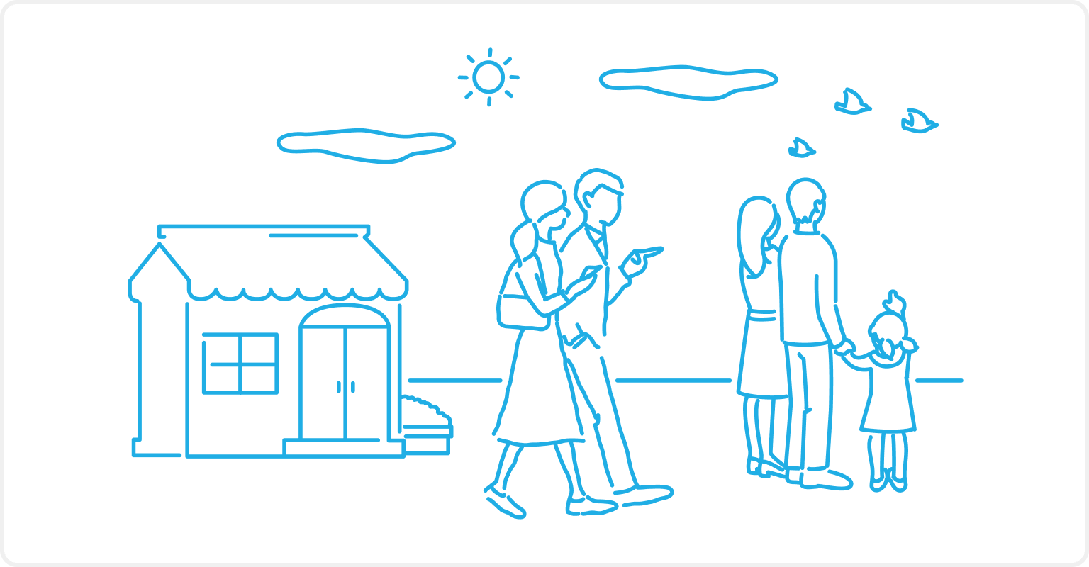 イラスト：お客様がお店の外で自由に待ち時間を過ごしている様子。