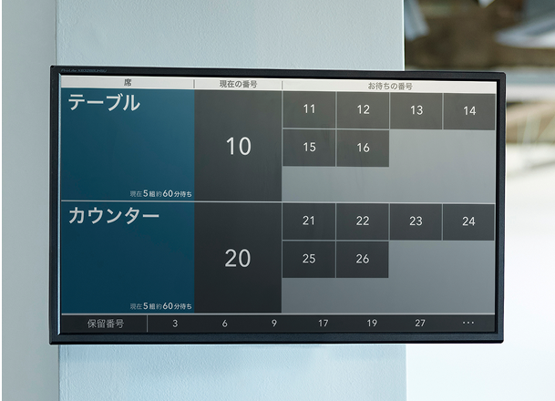 外部モニターに「テーブル」「カウンター」の呼び出し番号が表示されている