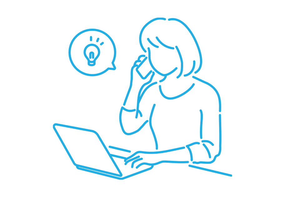 ノートパソコンを前に、電話で相談をしているスタッフのイラスト。